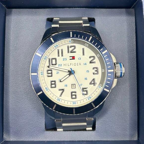 Tommy Hilfiger 1791073 Men’s Stainless Steel Blue Bezel White Dial Quartz NIBWT - Picture 1 of 17